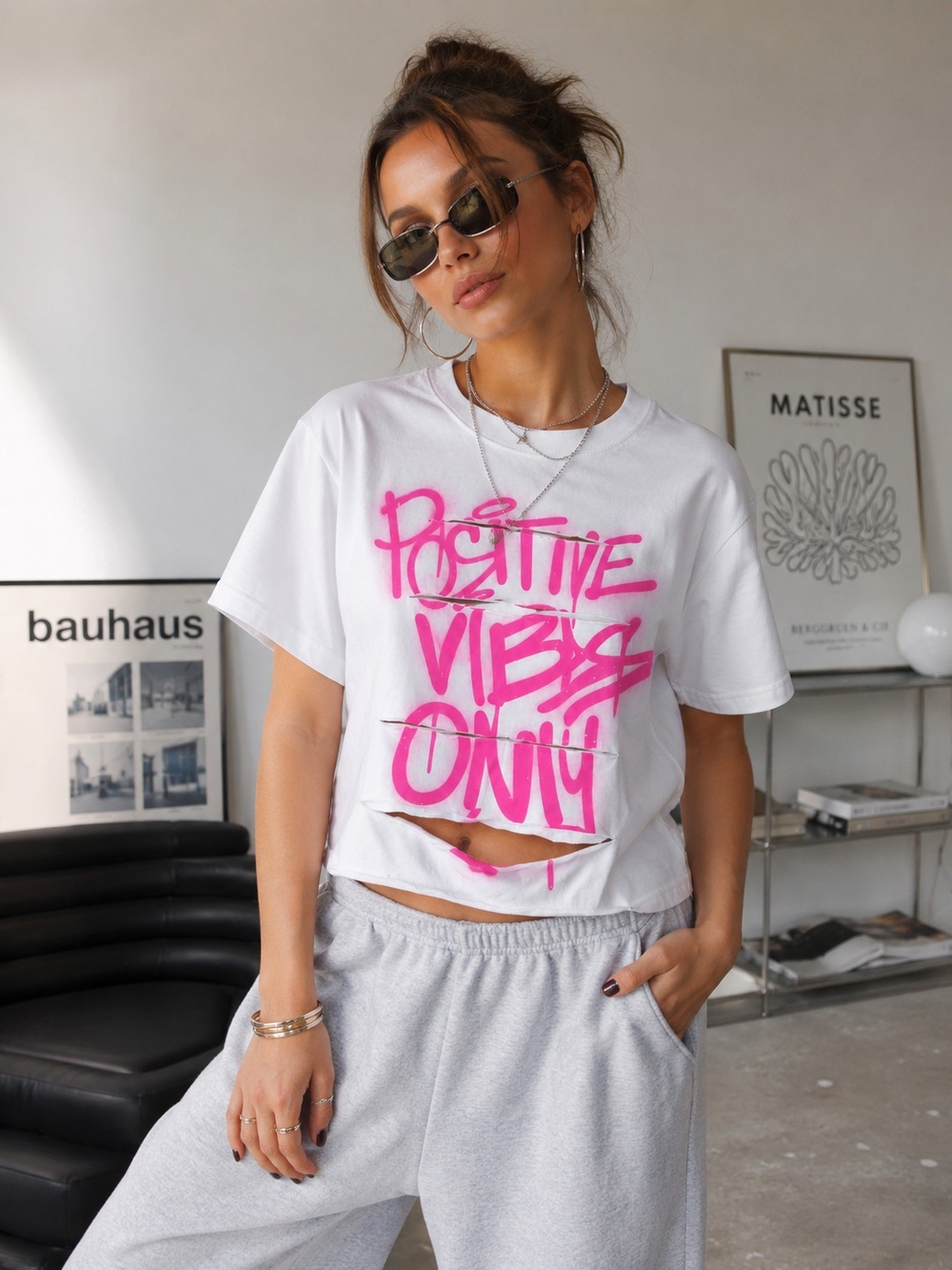 NEW Women's Mega Wear Positive Vibes Only Distressed Crop Top Sz M